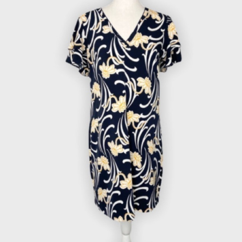 Ann Taylor navy ruffle sleeve floral dress
